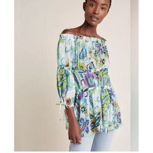 Anthropologie Maeve Frankie Peasant Blouse Yellow Green Purple‎ Cream Size Small